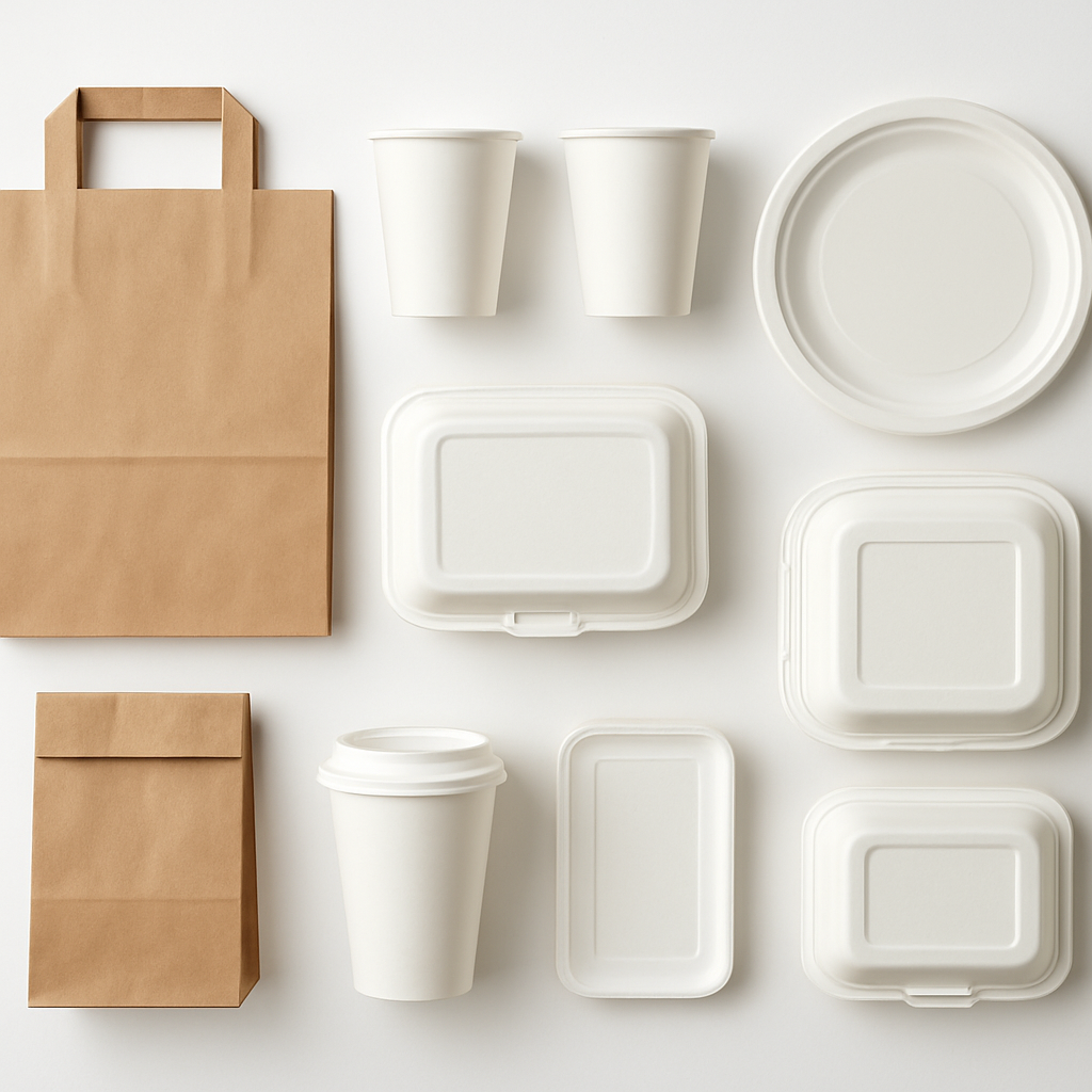A top-down display of disposable food packaging products supplied by White Castle
