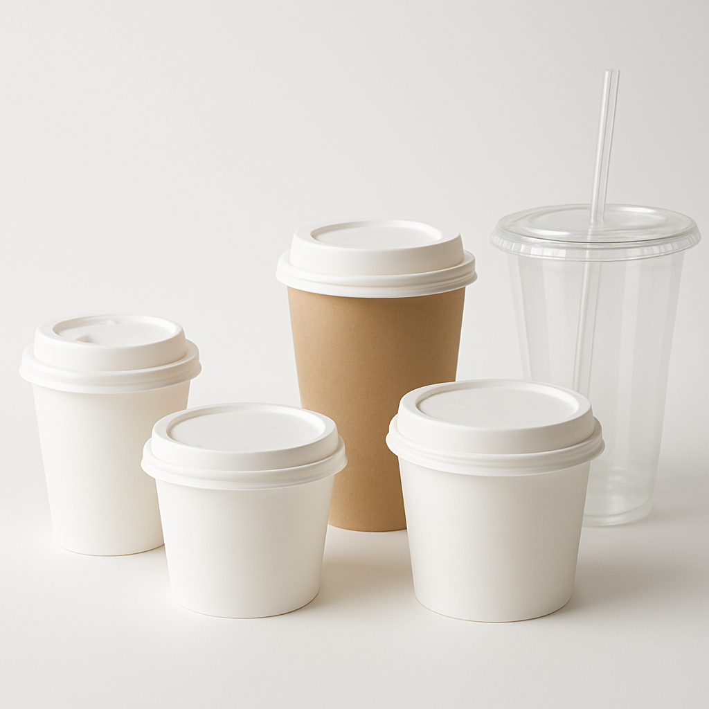 Assorted disposable cups in various sizes including coffee cups and cold drink cups