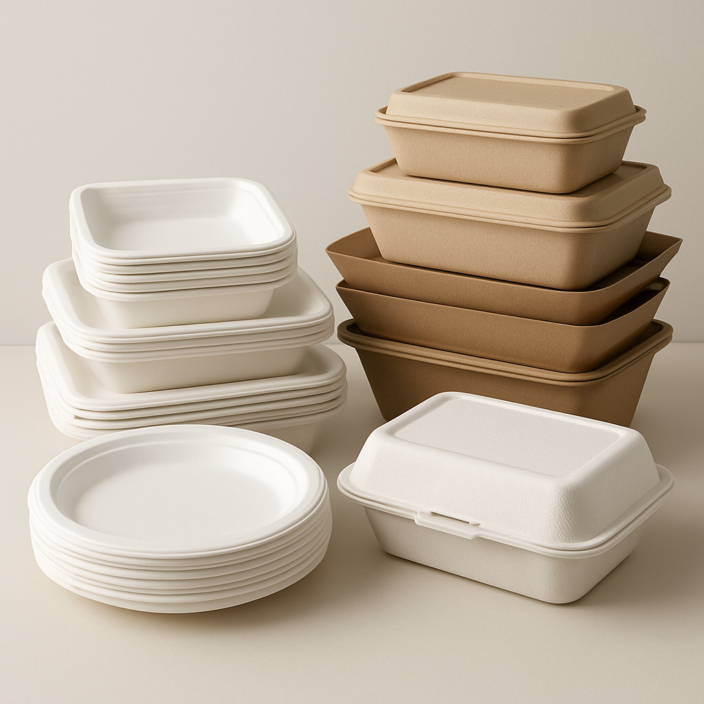Disposable plates, food trays, and takeaway containers stacked and arranged